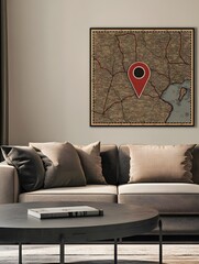 Vintage Map Decor with Red Pin on Modern Sofa