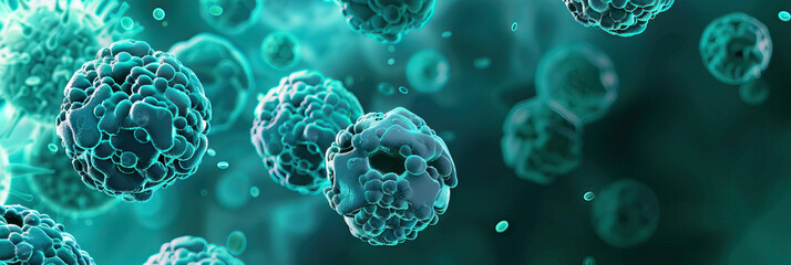 Teal Tumor Tracker: A teal medical abstract background with abstract tumor cells forming patterns, emphasizing cancer research and treatment options.