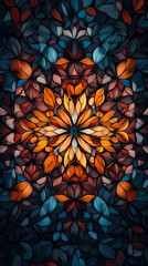 A vibrant, intricate mosaic of colorful leaves creating a stunning floral pattern against a dark background.