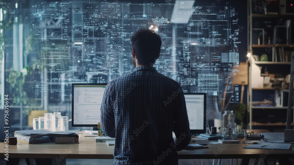 Poster a focused electrical engineer works at modern desk, analyzing complex digital schematics on multiple