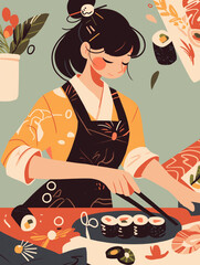 A female chef making kimbap in Korea.