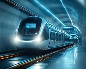 Modern Train in a Subway Tunnel.