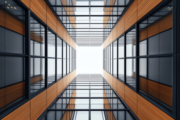 Obraz premium Aerial view of modern architecture showcasing wood and glass in a vibrant urban setting, capturing the essence of contemporary design.