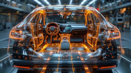 A luminous car interior showcases cutting-edge technology and digital interfaces, exemplifying innovation in a high-tech manufacturing environment