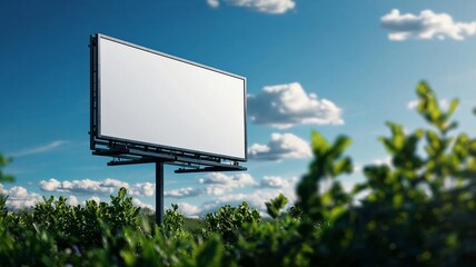 Fototapeta premium A blank billboard stands against a clear blue sky with fluffy clouds, surrounded by lush greenery. Perfect for advertising designs.