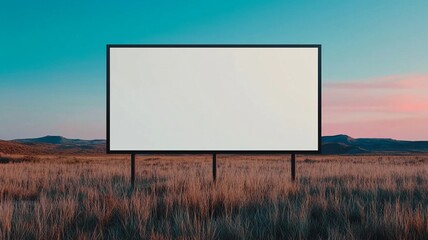 A blank billboard stands alone in a vast field under a colorful sky, perfect for advertising or creative projects.