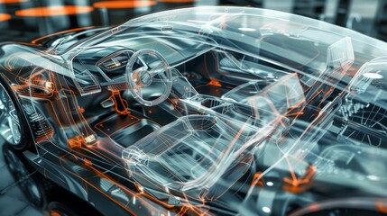 A cutting-edge car interior showcases intricate transparent features and advanced tech, offering a glimpse into the future of driving