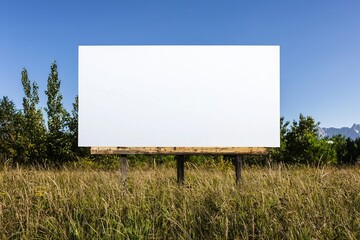 A blank billboard stands tall in a grassy field under clear blue skies, ideal for advertising or promotional use.