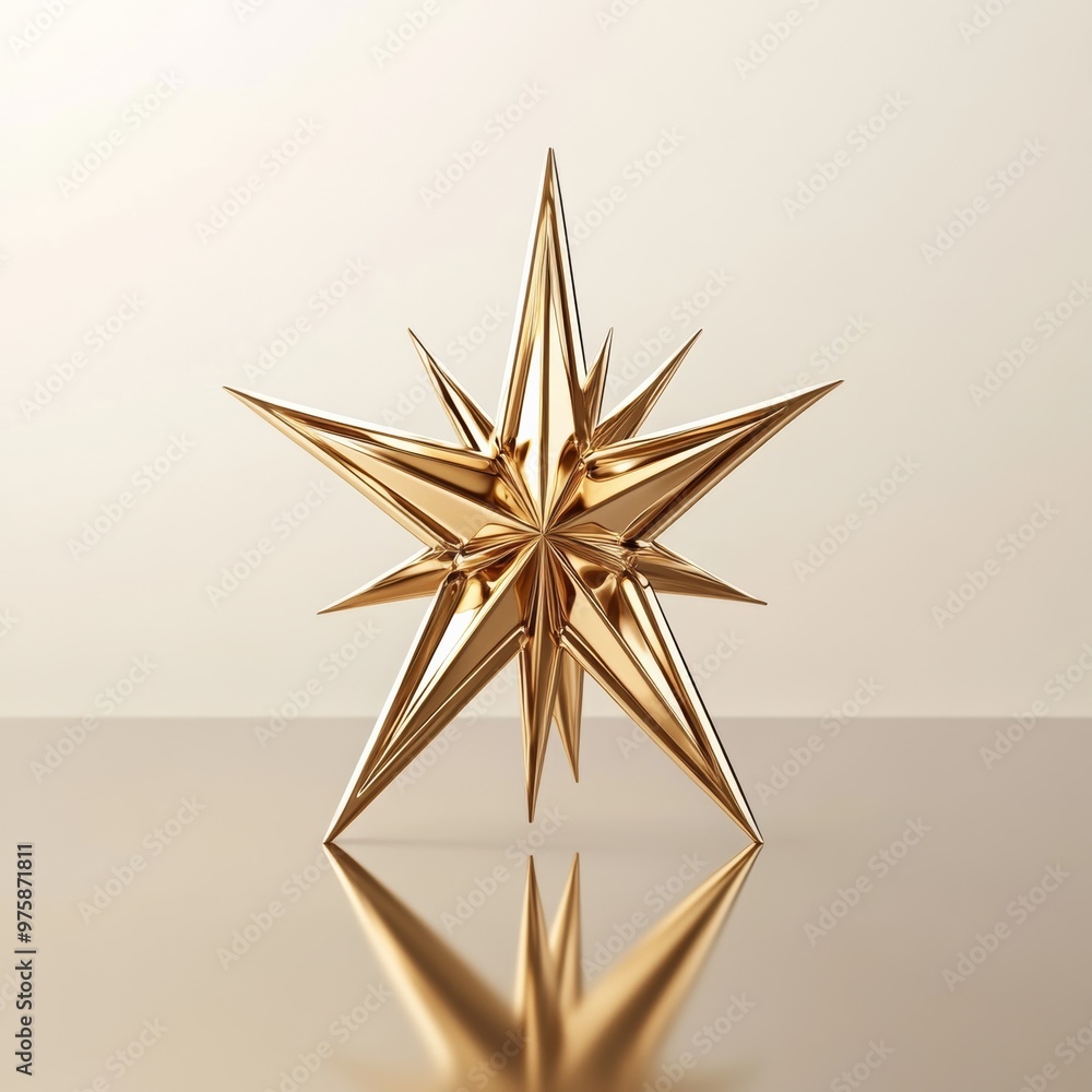 Poster a minimalist 3d golden star with a sharp design, placed on a reflective surface with soft shadows, s