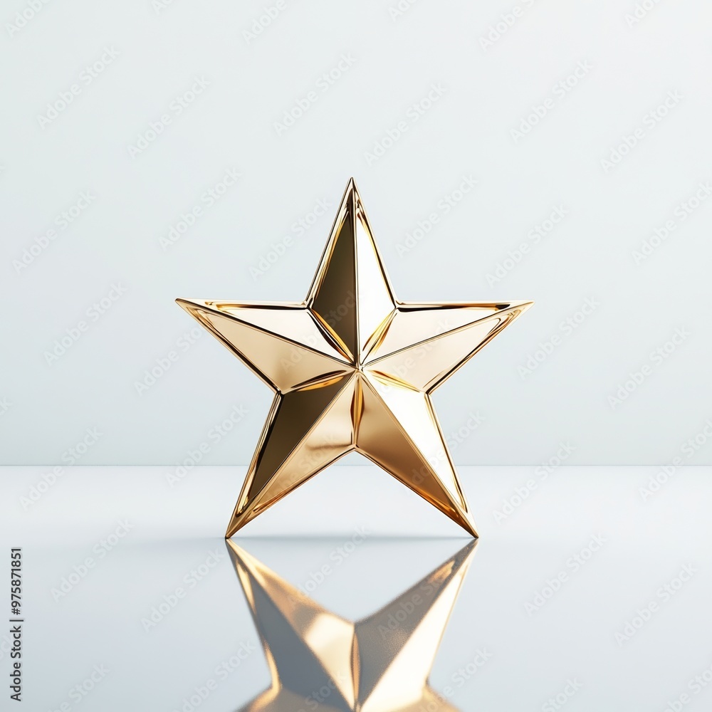 Poster a minimalist 3d golden star with a sharp design, placed on a reflective surface with soft shadows, s