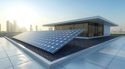 A contemporary building features vibrant solar panels positioned to capture sunlight beautifully against a bright sky and urban landscape