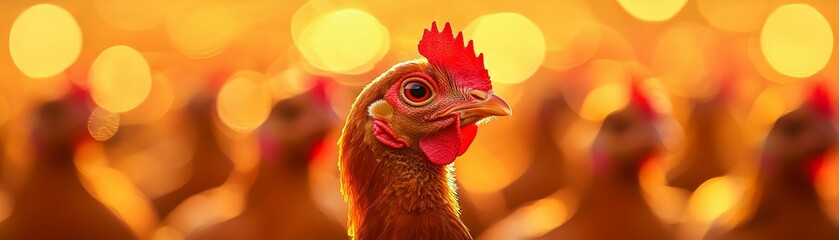 A close-up of a vibrant chicken in a warm, golden background, showcasing its detailed features and lively expression.