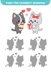 Find the correct shadow. Kittens give each other gifts. Shadow matching game. Cartoon, vector.