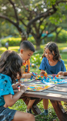 Excited Kids Enjoying Board Games and Puzzles at Picnic Tables in a Sunny Park