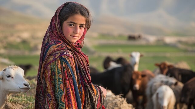 Serene Afghan Teenager in Traditional Pashtun Dress Tending to Animals in Rugged Landscape - Candid Shot of Daily Life
