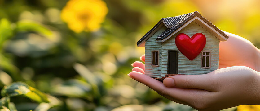 Hands hold a miniature house with a heart outdoors, reflecting the essence of home sweet home and real estate dreams on a sunny summer day.