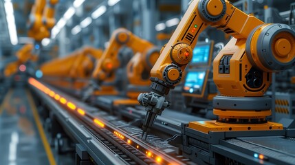 An automated manufacturing assembly line with robots arm working seamlessly together, boosting efficiency and production.
