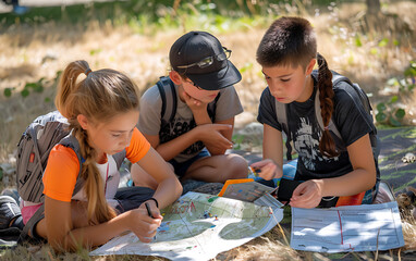 Young Explorers: Kids Engaging in Orienteering Adventure with Compasses on Campus Map Course