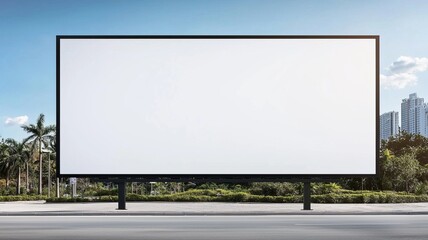 Fototapeta premium Empty billboard in an urban setting, perfect for advertising and marketing purposes, surrounded by palm trees and a clear sky.