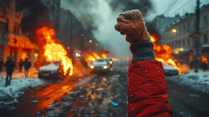 Amidst a tumultuous winter landscape, a defiant fist rises against a backdrop of burning vehicles and a crowd demanding change