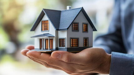 Real estate agent presents a house model, showcasing home insurance options and security concepts for affordable housing solutions.