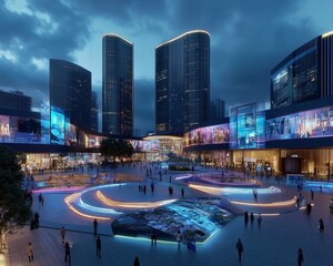 Modern City Square with Skyscrapers at Night.