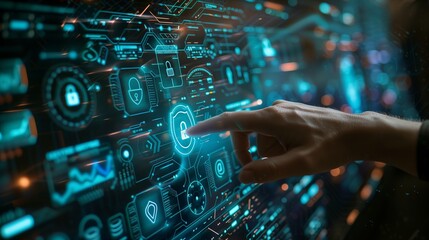 A hand touches a holographic digital interface, showcasing a security lock icon symbolizing modern cybersecurity technology.