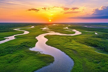 A peaceful river delta with winding waterways surrounded by lush green marshland, under a vibrant sunset sky.