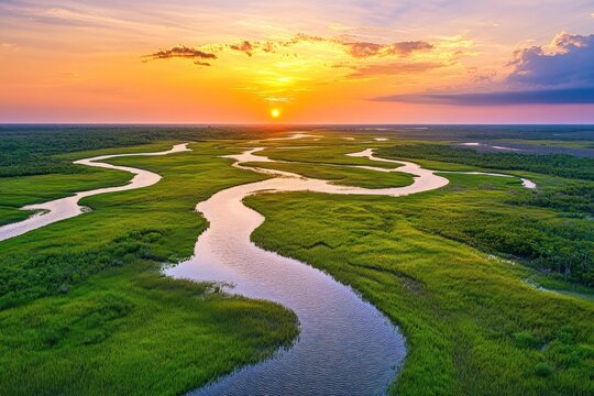 A peaceful river delta with winding waterways surrounded by lush green marshland, under a vibrant sunset sky.