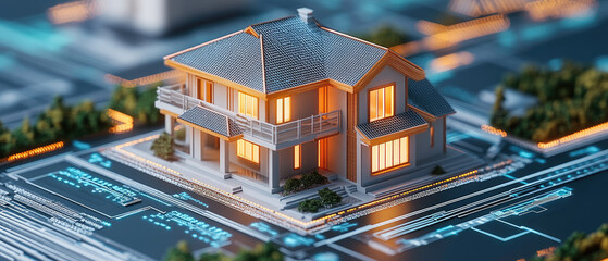Explore a digital representation of a smart home model, showcasing the integration of technology in modern housing construction and innovative design concepts.