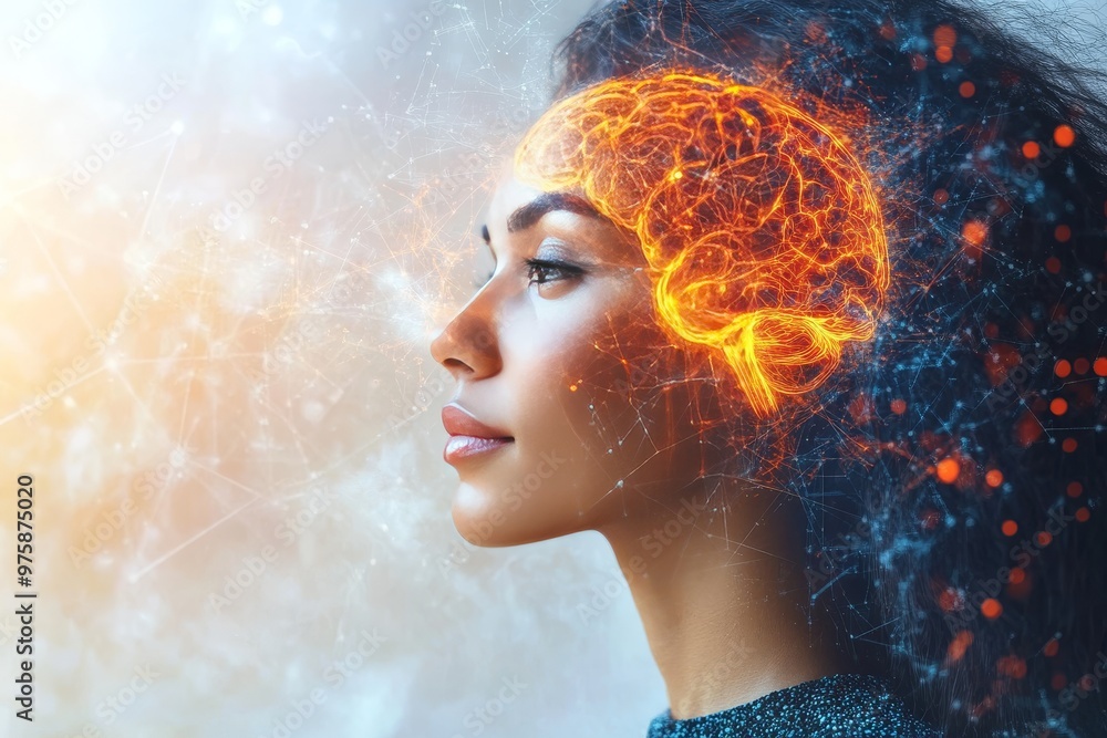 Poster side profile of a woman with a glowing brain like effect symbolizing thought intelligence and a futu