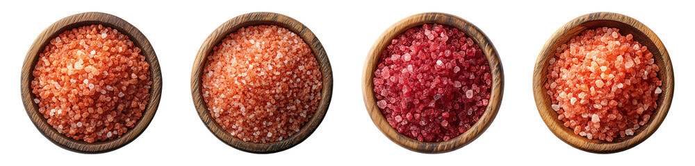 Red salt in wooden bowl top view, PNG set