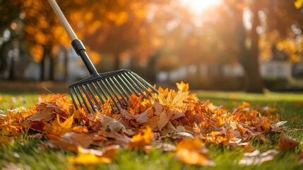Raking autumn leaves in the park