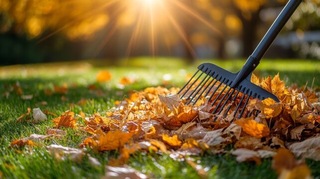 Raking autumn leaves in a sunny autumn park