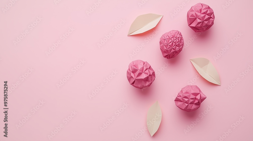 Poster top view, a simple and elegant origami lychee composition isolated on a soft pink background with cl