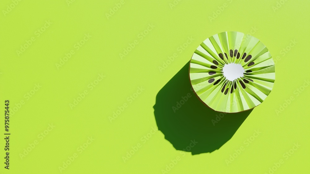 Poster top view, a simple and colorful origami kiwi composition isolated on a lime green background with so
