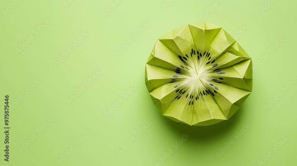 Poster top view, a simple and colorful origami kiwi composition isolated on a lime green background with so