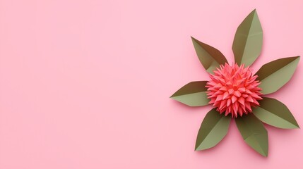 Fototapeta premium Top view, a simple and tropical origami rambutan composition on a pastel pink background with playful textures