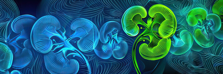 Renal Resonance: Calming blue and green abstract patterns, emphasizing kidney health and function.