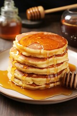 Delicious golden pancake drenched in honey with a sweet, inviting glaze that captures the essence of a perfect breakfast treat. Generative AI.