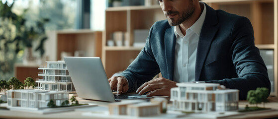 A focused businessman engaged in property management and housing development, using a laptop in his office surrounded by building models, showcasing innovation and professionalism.