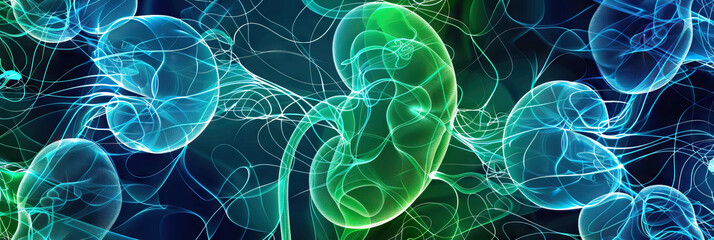 Renal Resonance: Calming blue and green abstract patterns, emphasizing kidney health and function.