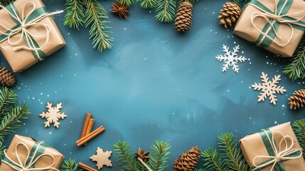 Festive Christmas background with gifts, pine branches, snowflakes, and cinnamon sticks on blue background copy space