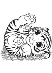 Cute tiger lying act kid coloring page design 