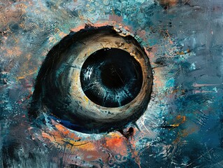 A close-up oil painting of a blue eye with a black pupil, set against a blue, orange, and brown abstract background.