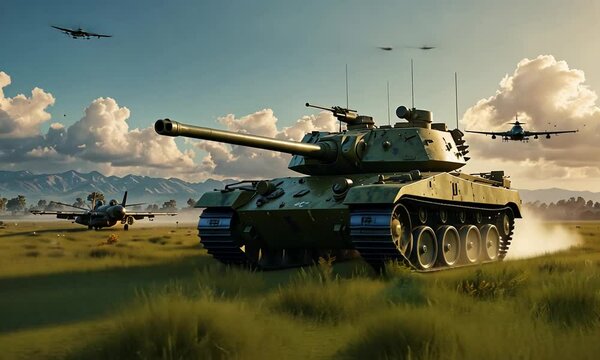 battle tanks on the ground and fighter planes in the sky