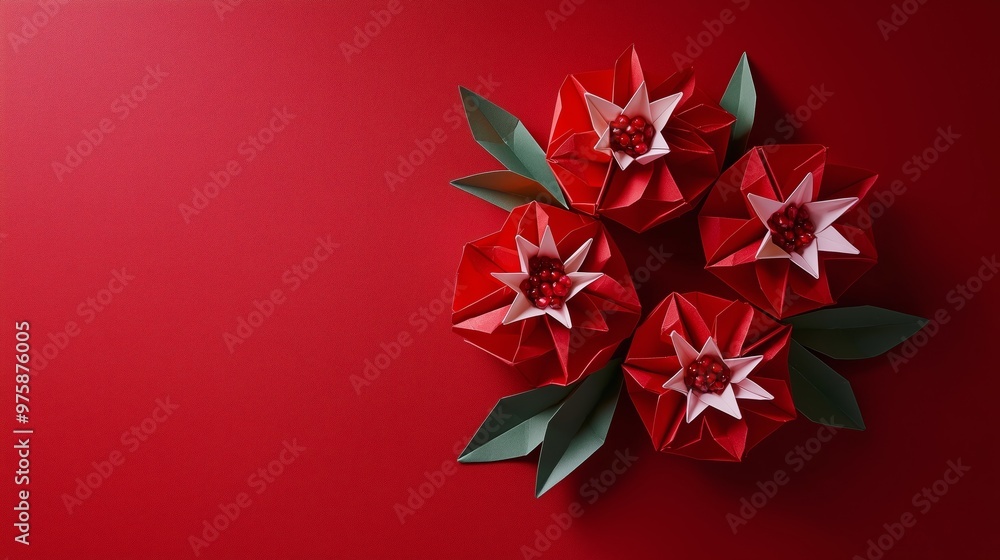 Poster top view, a simple and colorful origami pomegranate composition arranged on a deep red background wi