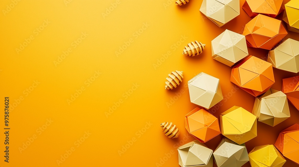 Poster top view, a simple and colorful origami honey composition on a warm golden background with clean min