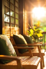 Serene porch view with wooden chairs basking in golden sunlight, creating a warm and inviting atmosphere for relaxation.