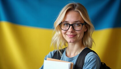 Young woman wearing glasses holding books with the flag of Ukraine, learn, studying